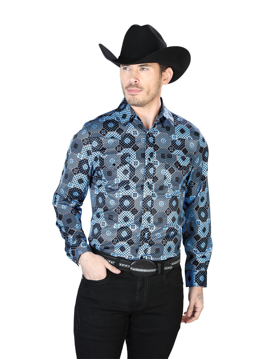 Camisa Manga Larga Azul Estampado Casual Manga Larga