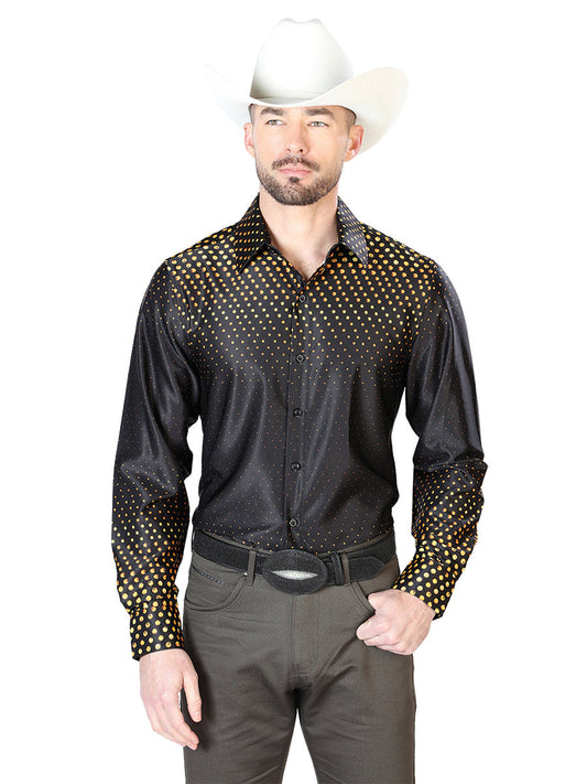 Camisa Vaquera de Hombre El Señor de los Cielos Manga Larga Casual en 97% Poliéster 3% Lycra Color Negro/Dorado 43986