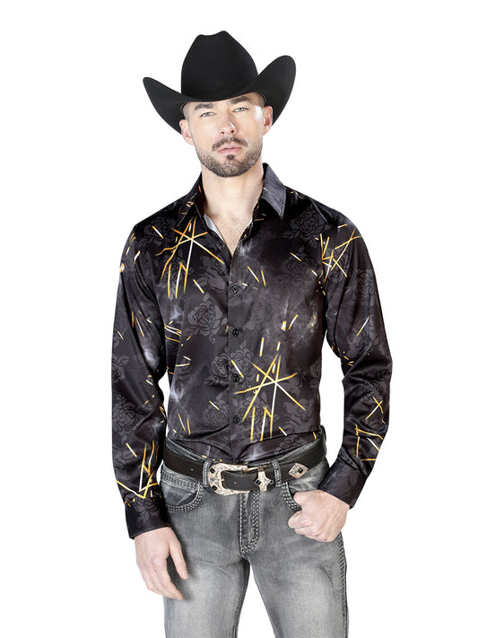 Camisa Vaquera de Hombre El Señor de los Cielos Manga Larga Casual en 97% Poliéster 3% Lycra Color Negro/Blanco 43989