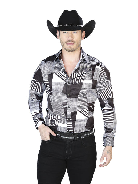 Camisa Vaquera de Hombre El Señor de los Cielos Manga Larga Casual en 97% Poliéster 3% Lycra Color Negro/Dorado 43991