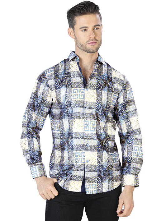 Camisa Vaquera de Hombre El Señor de los Cielos WH10-007 Manga Larga Casual en 100% Poliéster Color Azul/Negro 44009