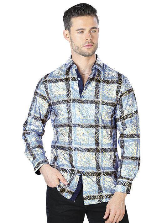 Camisa Vaquera de Hombre El Señor de los Cielos Manga Larga Casual en 100% Poliéster Color Azul/Amarillo 44010