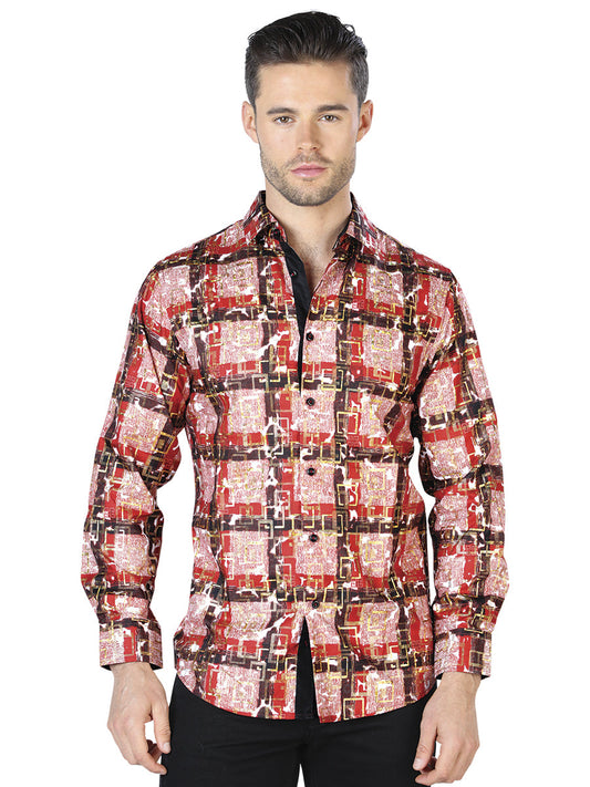 Camisa Vaquera de Hombre El Señor de los Cielos Manga Larga Casual en 100% Poliéster Color Rojo/Dorado 44011