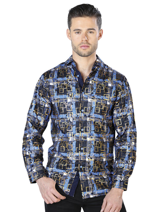 Camisa Vaquera de Hombre El Señor de los Cielos WH10-010 Manga Larga Casual en 100% Poliéster Color Azul/Dorado 44012