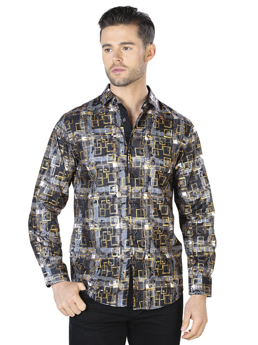 Camisa Vaquera de Hombre El Señor de los Cielos WH10-011 Manga Larga Casual en 100% Poliéster Color Negro/Dorado 44013