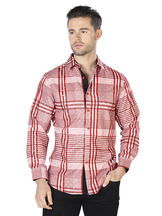 Camisa Vaquera de Hombre El Señor de los Cielos WH10-013 Manga Larga Casual en 100% Poliéster Color Rojo/Blanco 44015
