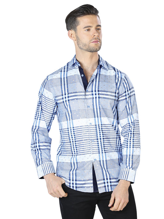 Camisa Vaquera de Hombre El Señor de los Cielos WH10-014 Manga Larga Casual en 100% Poliéster Color Azul/Blanco 44016