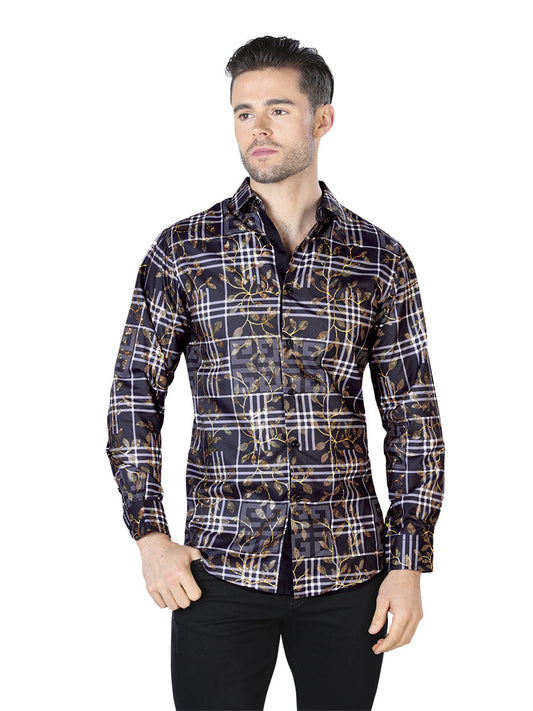 Camisa Vaquera de Hombre El Señor de los Cielos Manga Larga Casual en 100% Poliéster Color Negro/Dorado 44019