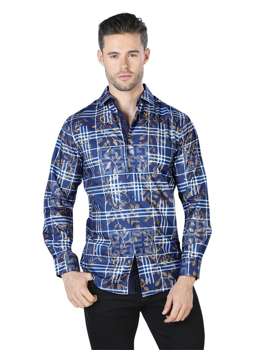 Camisa Vaquera de Hombre El Señor de los Cielos WH10-018 Manga Larga Casual en 100% Poliéster Color Azul/Dorado 44020