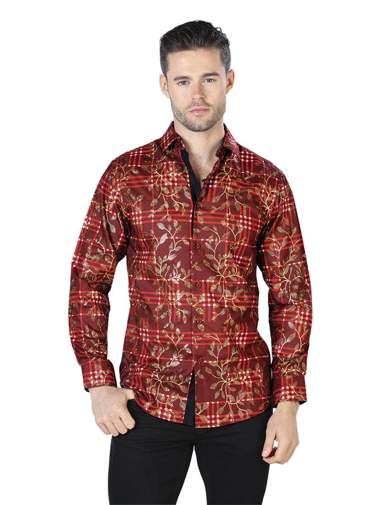 Camisa Vaquera de Hombre El Señor de los Cielos Manga Larga Casual en 100% Poliéster Color Rojo/Dorado 44021