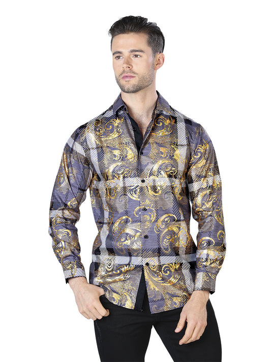 Camisa Vaquera de Hombre El Señor de los Cielos WH10-020 Manga Larga Casual en 100% Poliéster Color Negro/Dorado 44022