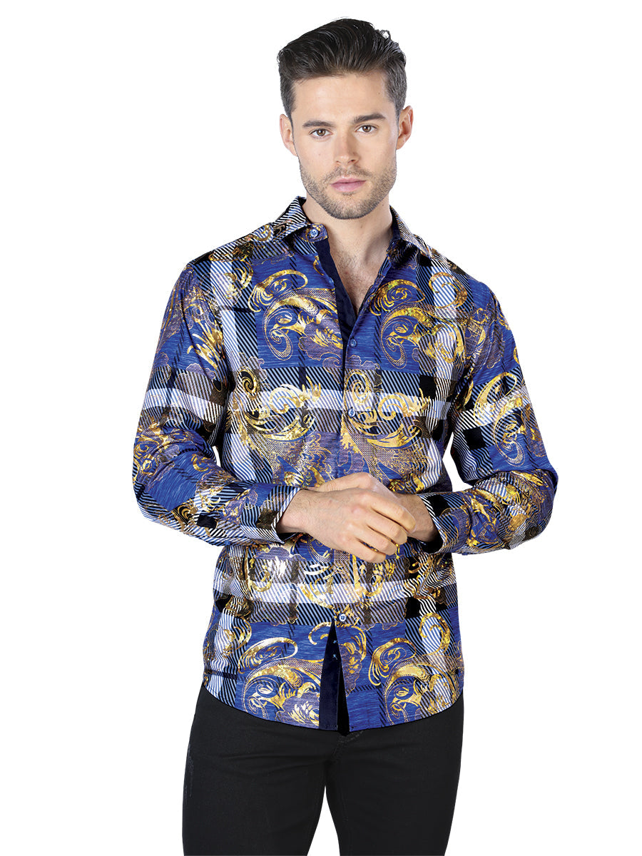 Camisa Manga Larga Azul Dorado Estampado Casual Manga Larga