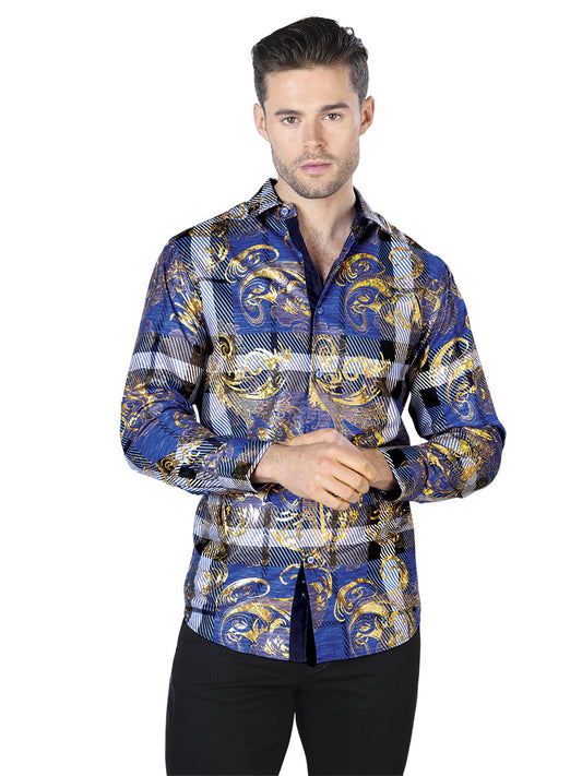 Camisa Vaquera de Hombre El Señor de los Cielos Manga Larga Casual en 100% Poliéster Color Azul/Dorado 44023