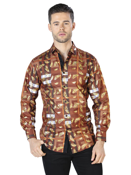 Camisa Vaquera de Hombre El Señor de los Cielos Manga Larga Casual en 100% Poliéster Color Café/Dorado 44024