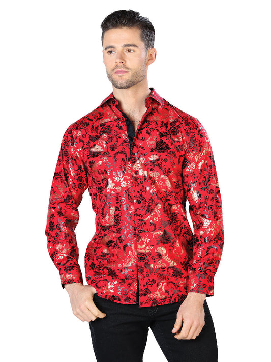 Camisa Vaquera de Hombre El Señor de los Cielos Manga Larga Casual en 97% Poliéster 3% Spandex Color Rojo/Dorado 44031