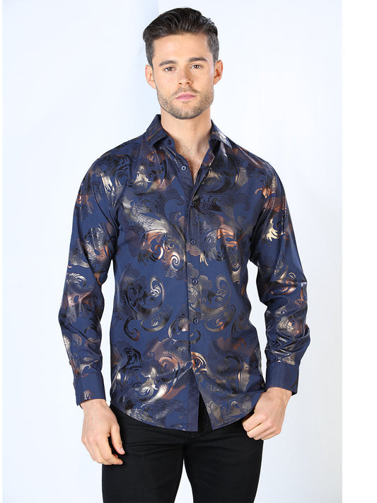 Camisa Vaquera de Hombre El Señor de los Cielos WH10-034 Manga Larga Casual en 97% Poliéster 3% Spandex Color Negro/Dorado 44036