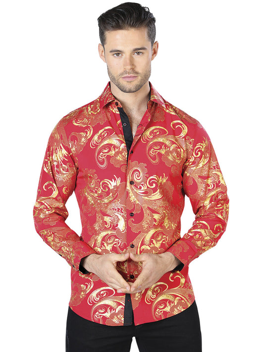 Camisa Vaquera de Hombre El Señor de los Cielos WH10-038 Manga Larga Casual en 97% Poliéster 3% Spandex Color Rojo/Dorado 44040
