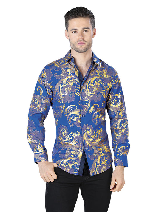 Camisa Vaquera de Hombre El Señor de los Cielos WH10-040 Manga Larga Casual en 97% Poliéster 3% Spandex Color Azul/Dorado 44042