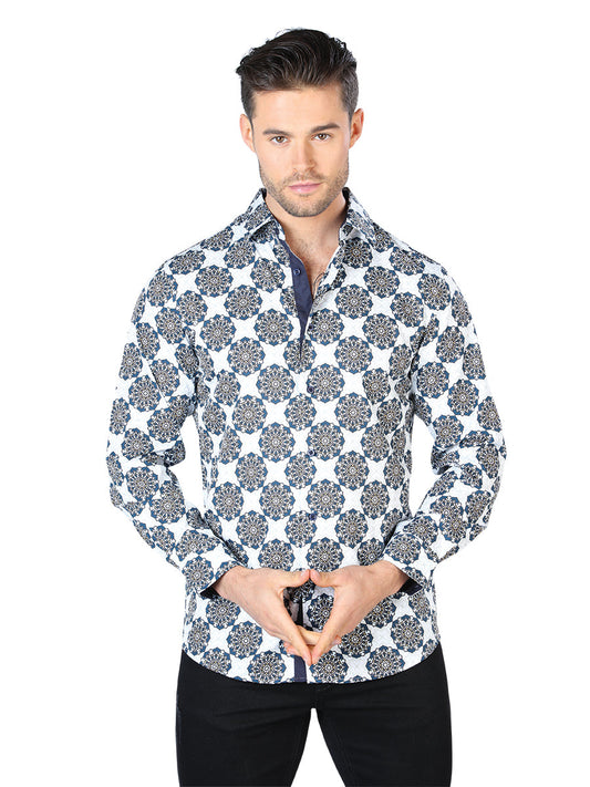 Camisa Vaquera de Hombre El Señor de los Cielos Manga Larga Casual en 97% Poliéster 3% Spandex Color Blanco/Negro 44048