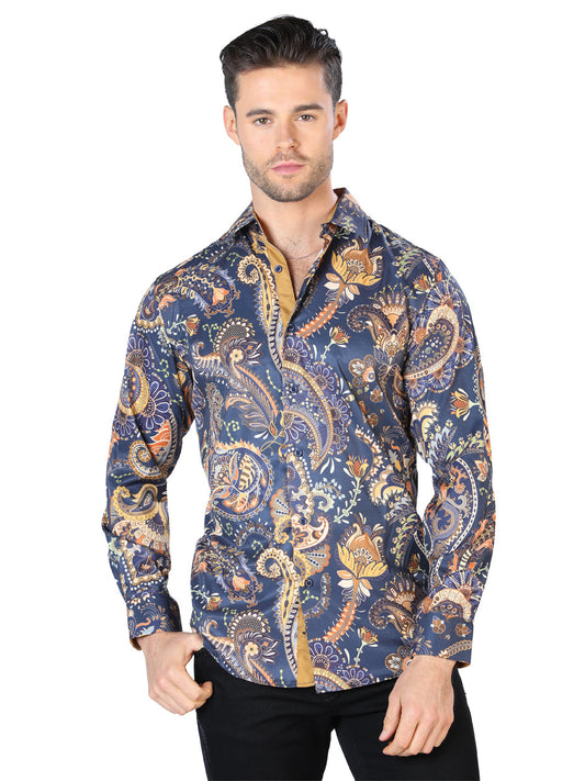 Camisa Vaquera de Hombre El Señor de los Cielos Manga Larga Casual en 97% Poliéster 3% Spandex Color Negro/Dorado 44051