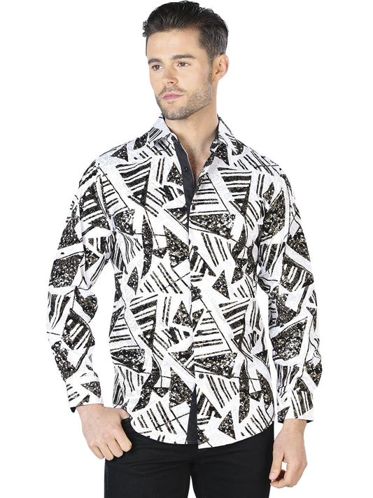 Camisa Vaquera de Hombre El Señor de los Cielos WH10-051 Manga Larga Casual en 97% Poliéster 3% Spandex Color Blanco/Negro 44053