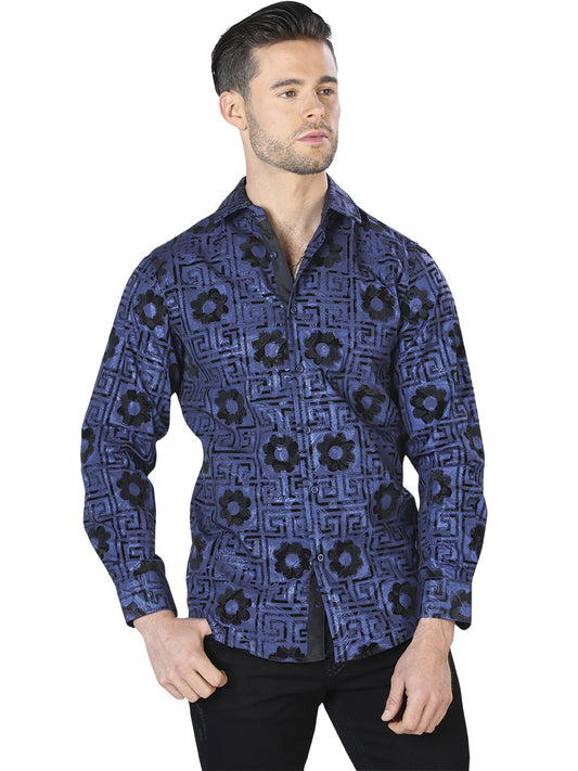 Camisa Vaquera de Hombre El Señor de los Cielos WH10-055 Manga Larga Casual en 97% Poliéster 3% Spandex Color Azul/Negro 44057
