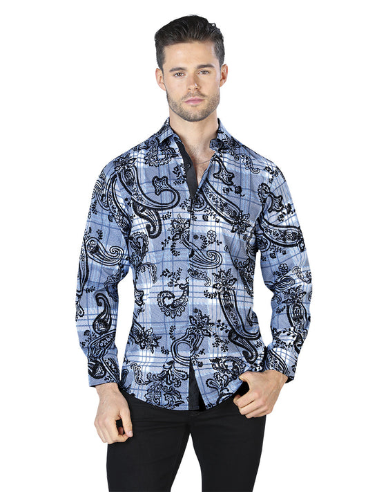Camisa Vaquera de Hombre El Señor de los Cielos Manga Larga Casual en 97% Poliéster 3% Spandex Color Azul/Negro 44058