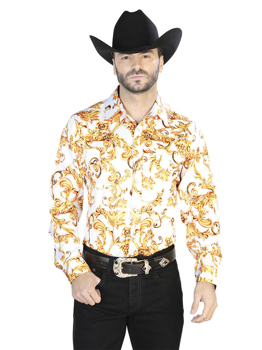 Camisa Vaquera de Hombre El Señor de los Cielos Manga Larga Casual en 97% Poliéster 3% Lycra Color Blanco Roto/Dorado 44060