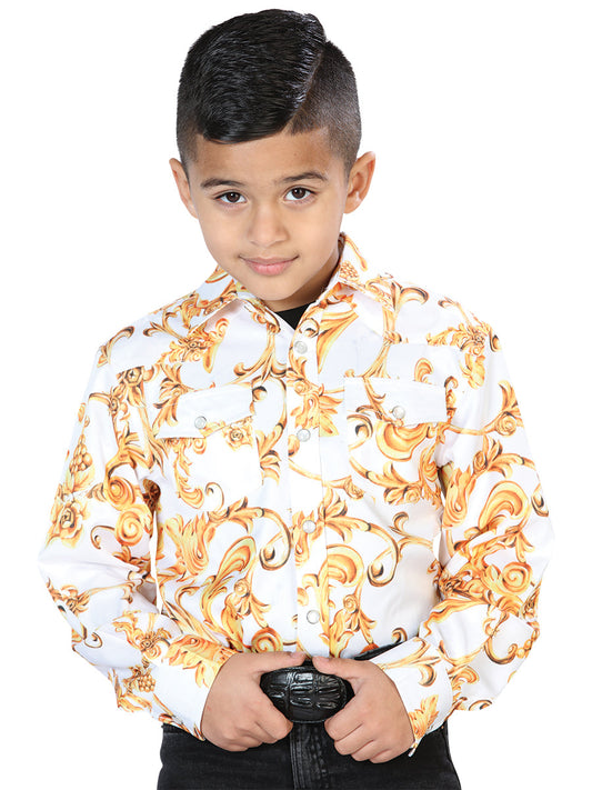 Camisa Vaquera de Niño El Señor de los Cielos Manga Larga Casual en 97% Poliéster 3% Lycra Color Blanco Roto/Dorado 44061