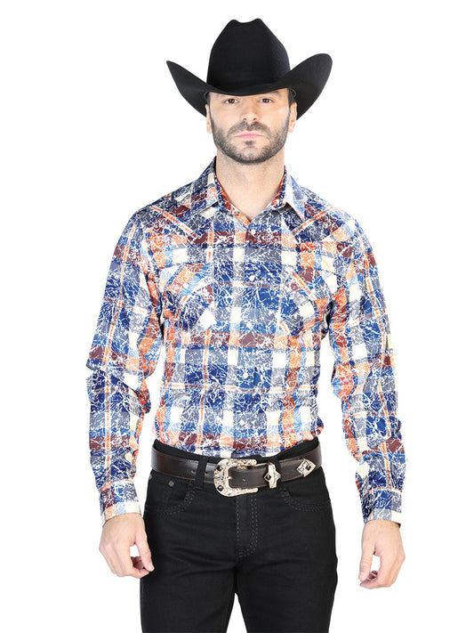 Camisa Vaquera de Hombre El Señor de los Cielos Manga Larga Casual en 97% Poliéster 3% Lycra Color Azul/Naranja 44063
