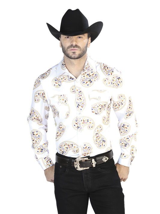 Camisa Vaquera de Hombre El Señor de los Cielos Manga Larga Casual en 97% Poliéster 3% Lycra Color Blanco Roto/Dorado 44064