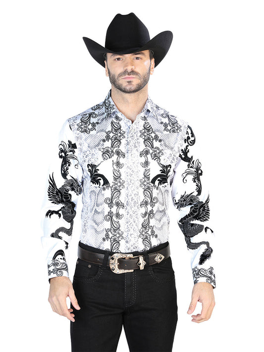 Camisa Vaquera de Hombre El Señor de los Cielos Manga Larga Casual en 97% Poliéster 3% Lycra Color Blanco/Negro 44066