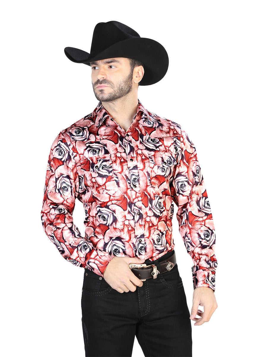 Camisa Manga Larga Rojo Con Roses Casual Manga Larga