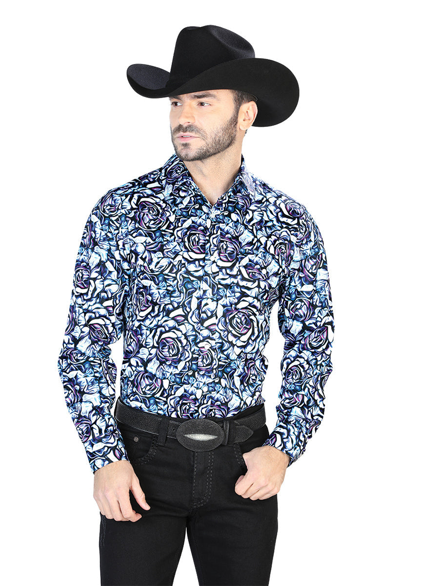 Camisa Manga Larga Azul Rose Estampado Casual Manga Larga