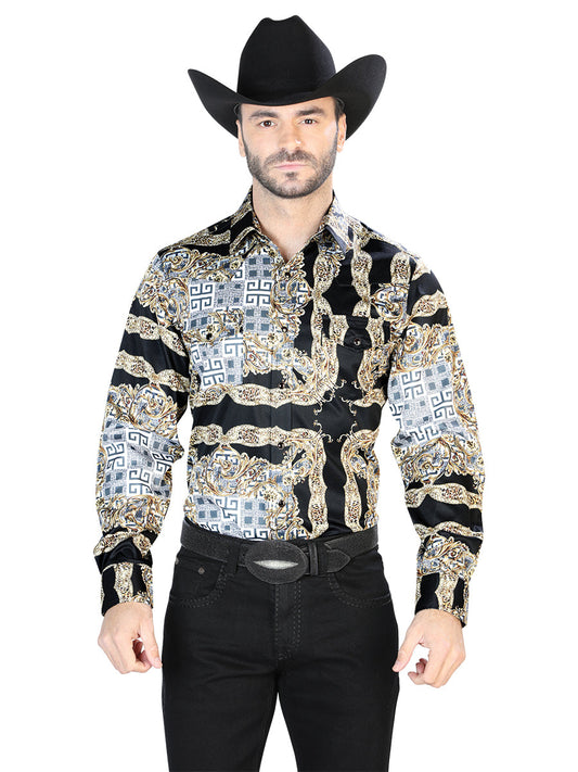 Camisa Vaquera de Hombre El Señor de los Cielos Manga Larga Casual en 97% Poliéster 3% Lycra Color Negro/Dorado 44070