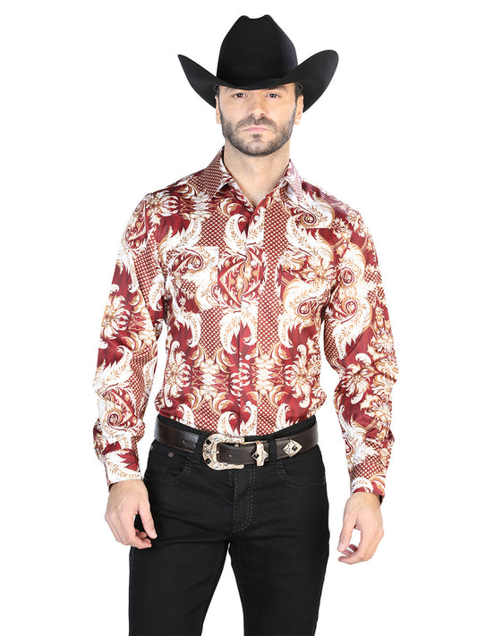 Camisa Vaquera de Hombre El Señor de los Cielos Manga Larga Casual en 97% Poliéster 3% Lycra Color Vino/Dorado 44071