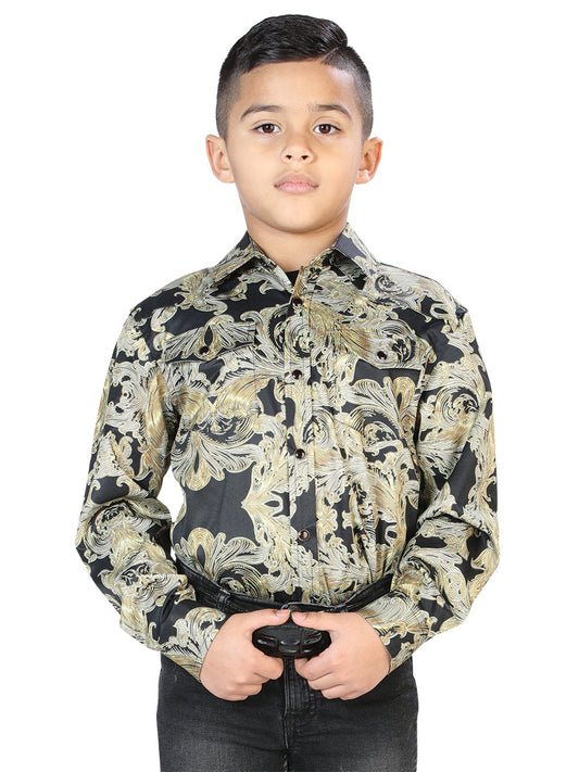 Camisa Vaquera de Niño El Señor de los Cielos Manga Larga Broche Casual en 97% Poliéster 3% Lycra Color Vino/Dorado 44073