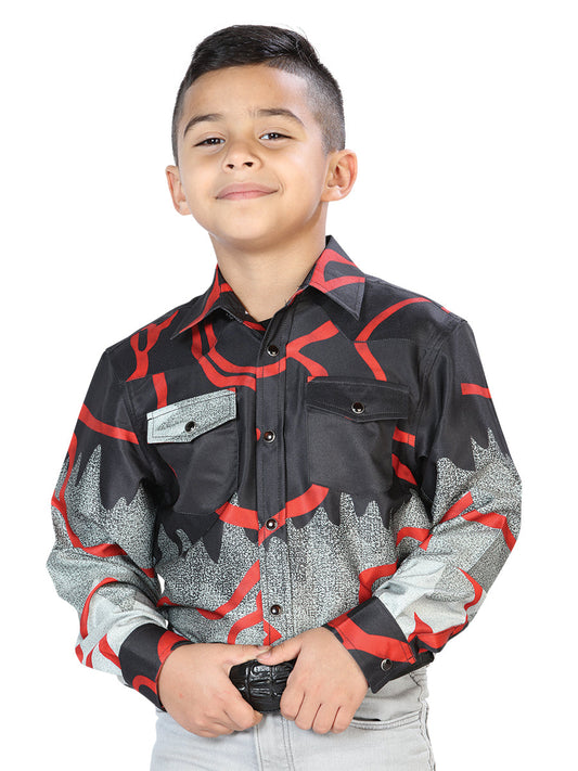 Camisa Vaquera de Niño El Señor de los Cielos Manga Larga Broche Casual en 97% Poliéster 3% Lycra Color Vino/Negro 44077
