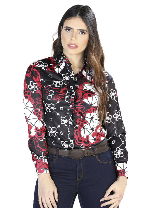 Camisa Vaquera de Mujer El Señor de los Cielos Manga Larga Broche en 97% Poliéster 3% Lycra Color Vino/Negro 44078