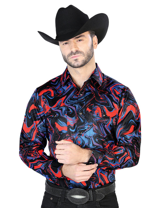 Camisa Vaquera de Hombre El Señor de los Cielos Manga Larga Broche Casual en 97% Poliéster 3% Lycra Color Azul/Rojo 44080