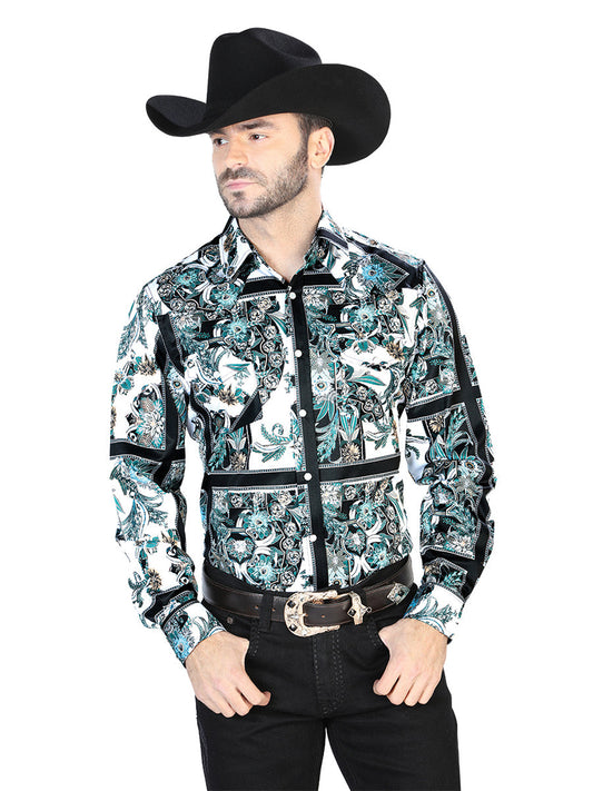 Camisa Vaquera de Hombre El Señor de los Cielos Manga Larga Broche Casual en 97% Poliéster 3% Lycra Color Blanco/Negro 44082