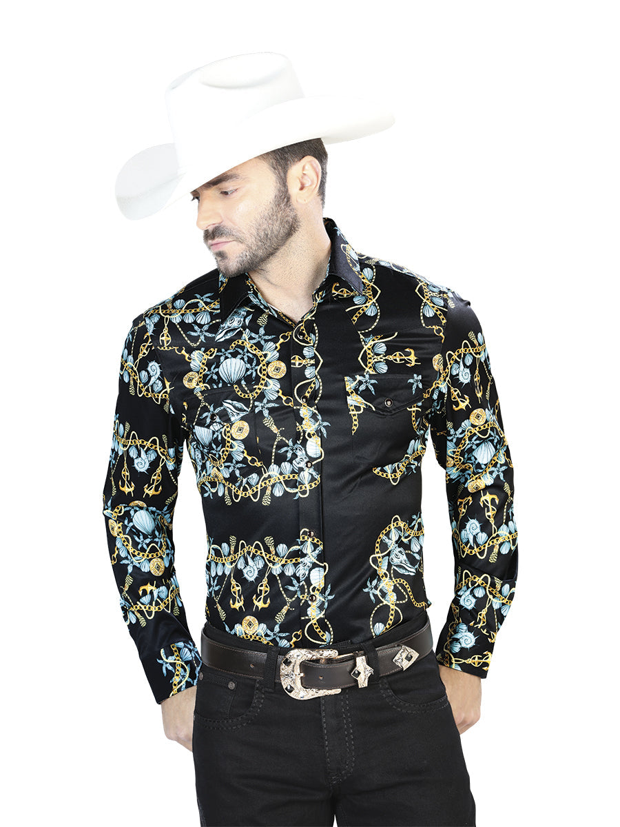 Camisa Manga Larga Negro Dorado Casual Manga Larga