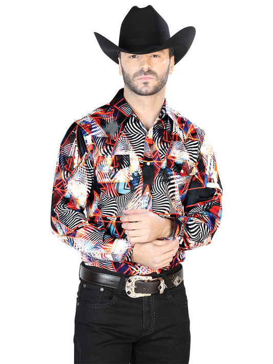 Camisa Vaquera de Hombre El Señor de los Cielos Manga Larga Broche Casual en 97% Poliéster 3% Lycra Color Vino/Blanco 44084