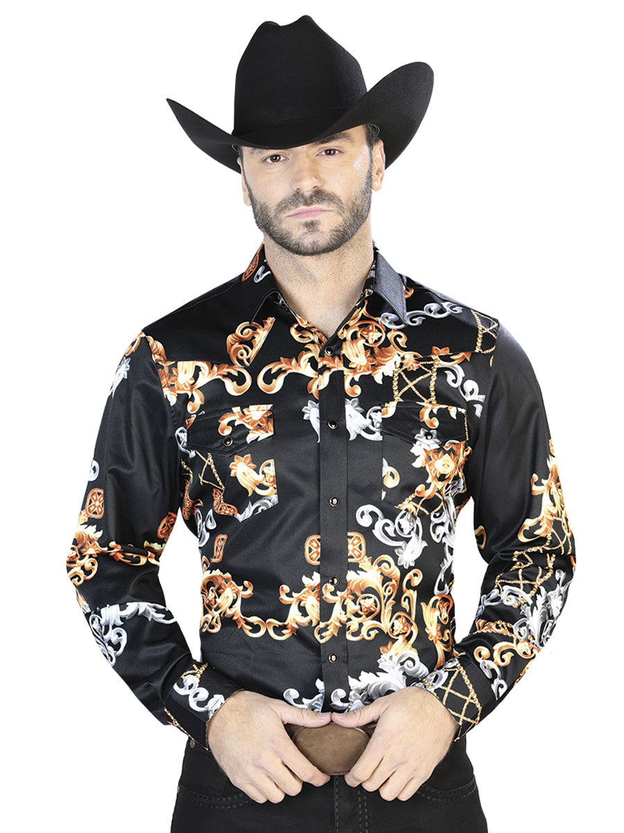 Camisa Manga Larga Negro Dorado Casual Manga Larga