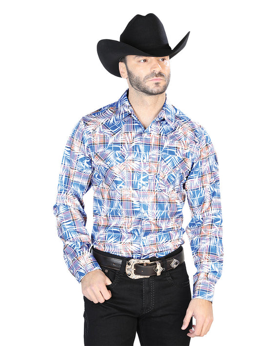 Camisa Vaquera de Hombre El Señor de los Cielos Manga Larga Broche Casual en 97% Poliéster 3% Lycra Color Azul/Blanco 44086