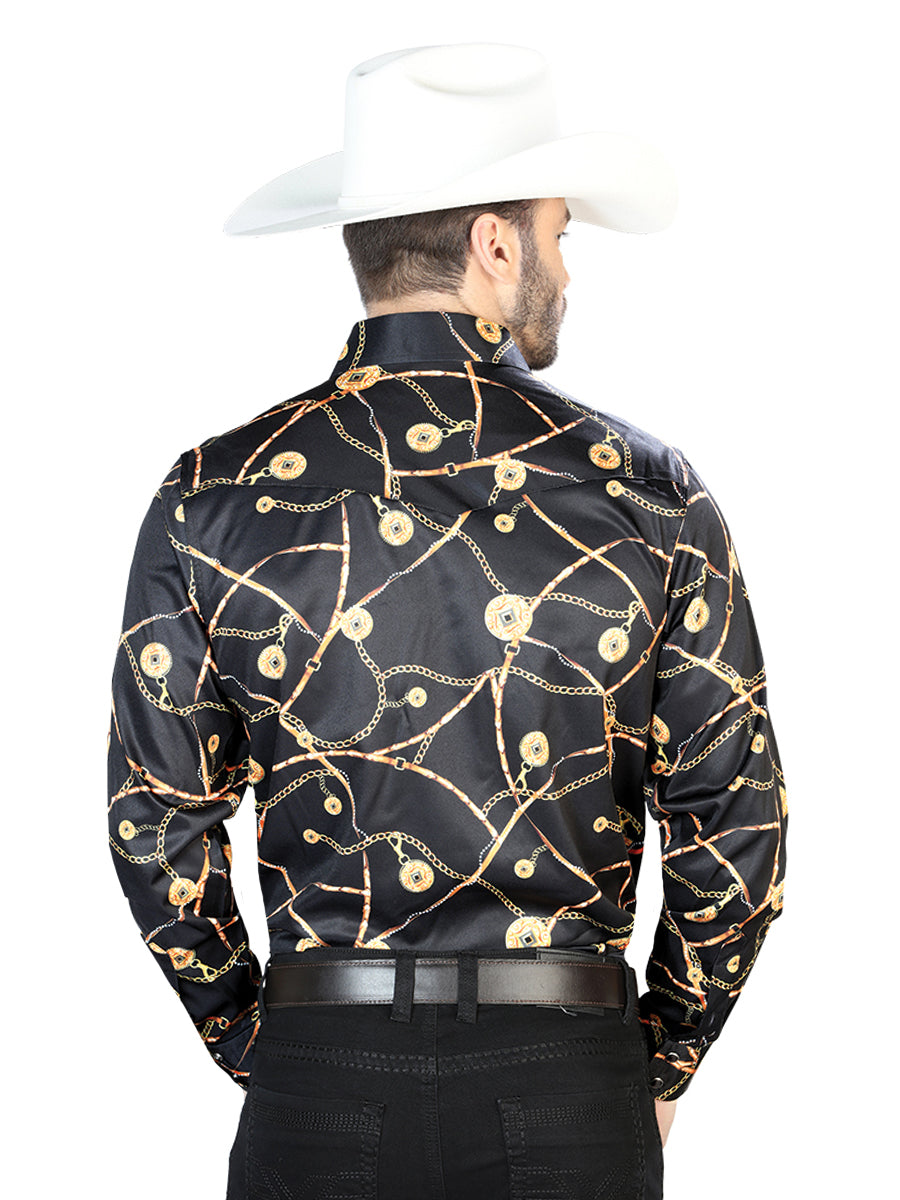 Camisa Vaquera de Hombre El Señor de los Cielos Manga Larga Broche Casual en 97% Poliéster 3% Lycra Color Negro/Blanco 44087