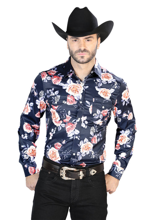 Camisa Vaquera de Hombre El Señor de los Cielos Marino/roses Manga Larga Broche en 97% Poliéster 3% Lycra Color Azul Marino 44089