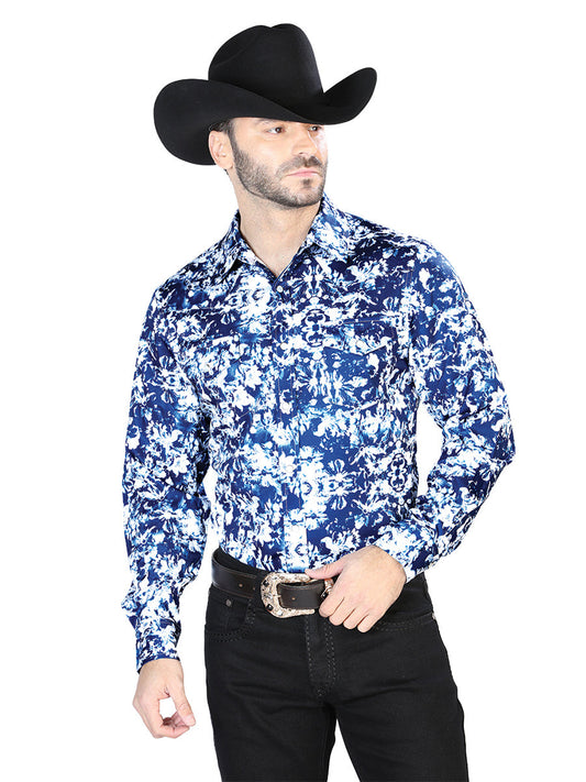 Camisa Vaquera de Hombre El Señor de los Cielos Manga Larga Broche Casual en 97% Poliéster 3% Lycra Color Azul/Blanco 44091