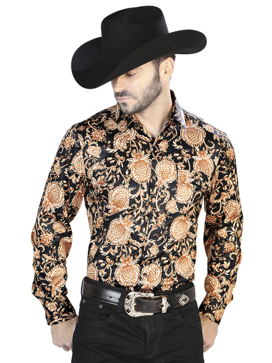 Camisa Vaquera de Hombre El Señor de los Cielos Manga Larga Broche Casual en 97% Poliéster 3% Lycra Color Dorado/Negro 44092