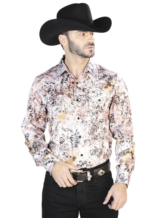 Camisa Vaquera de Hombre El Señor de los Cielos Manga Larga Broche Casual en 97% Poliéster 3% Lycra Color Blanco/Café 44093